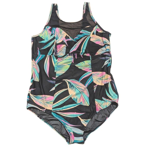 NEW Torrid NEW Plus 2 2X Swimsuit Black Tropical Mesh 1 Piece Swim Wear NWT - Picture 1 of 14